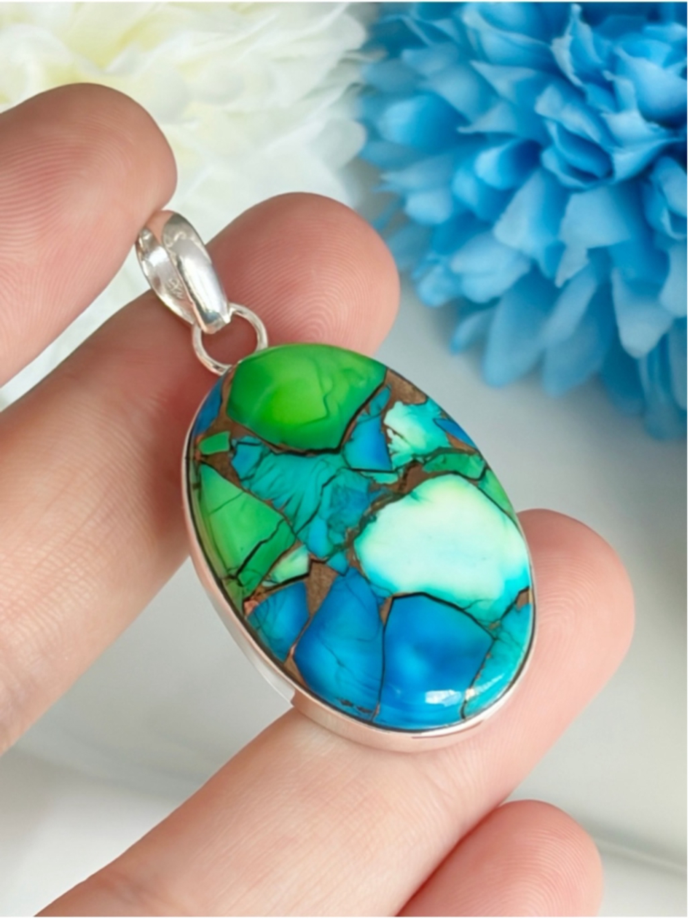 Pure Sterling Silver 925 Genuine Peacock Dahlia Turquoise Pendant Fine Oval